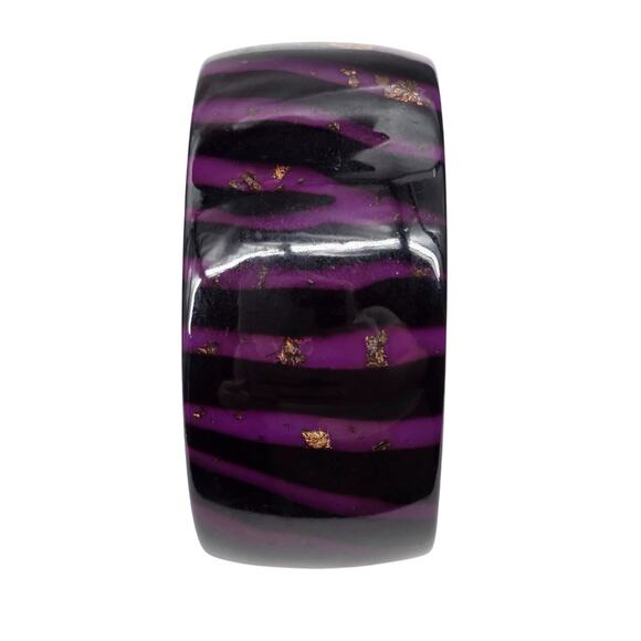 Zebra Striped Wide Acrylic‎ Bangle Bracelet Purple & Black Gold Accents - Picture 3 of 6